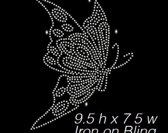 May include: Iron-on rhinestone butterfly design, 9.5 inches high by 7.5 inches wide.