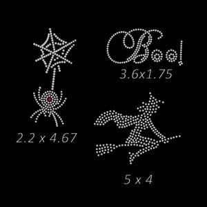 May include: Black background featuring four rhinestone designs for Halloween. Includes a spider and web (5.59 x 11.86 cm), the word "Boo!" (9.14 x 4.45 cm), and a witch on a broom (12.7 x 10.16 cm).