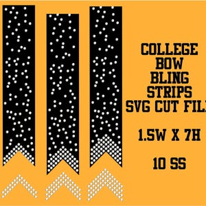 Puede incluir: Un fondo naranja presenta tres franjas verticales negras con patrones de puntos blancos y el texto "COLLEGE BOW BLING STRIPS SVG CUT FILE". Las dimensiones son 3,8 cm de ancho por 17,8 cm de alto. El diseño incluye formas de chevron y el texto "10 SS".