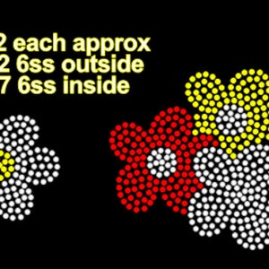 May include: Black background with three flower designs made of small dots. One flower is white with a yellow center, another is red, and the third is yellow with white petals. Text at the top says "2X2 each approx 142 6ss outside 17 6ss inside."