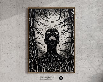 May include: Black and white linocut print of a face surrounded by trees. The face is looking up with its mouth open and eyes closed. The trees are stylized and have a dark, ominous feel. The print is titled "Mindmeldmagic" and is part of a linocut collection.