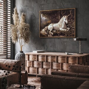 A whimsical art portrayal of a silver unicorn, adding a touch of fantasy and art house whimsy to any living space.