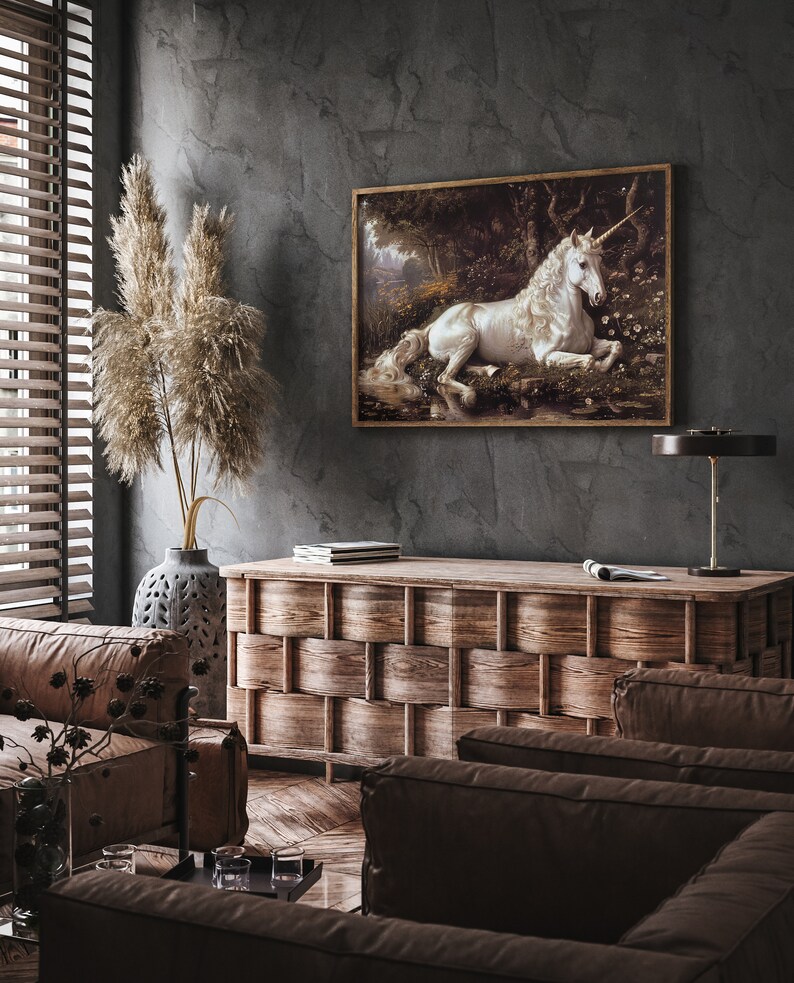 A whimsical art portrayal of a silver unicorn, adding a touch of fantasy and art house whimsy to any living space.