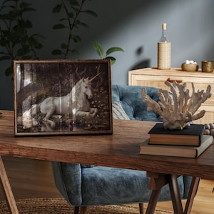 Dark academia art meets mythical elegance in this fairycore painting of a unicorn, trending now for its unique allure.