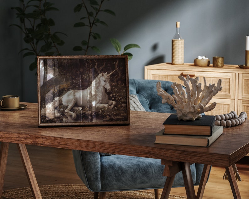 Dark academia art meets mythical elegance in this fairycore painting of a unicorn, trending now for its unique allure.