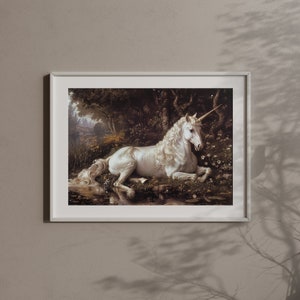 Dive into the realm of the mythical with this "Unicorn" painting, a blend of fairycore and dark academia art that enchants and captivates.