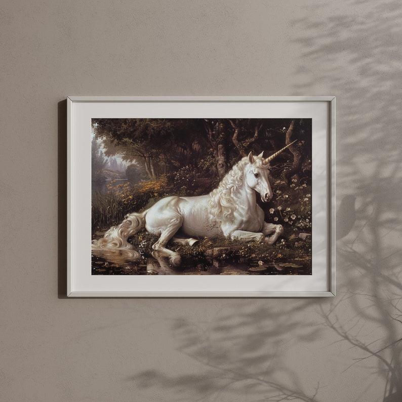 Dive into the realm of the mythical with this "Unicorn" painting, a blend of fairycore and dark academia art that enchants and captivates.