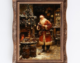 May include: A framed painting of Santa Claus in a workshop setting, surrounded by tools and a Christmas tree. He is holding a small object in his hand, possibly a toy. The painting is set against a backdrop of a fireplace and a snowy landscape.