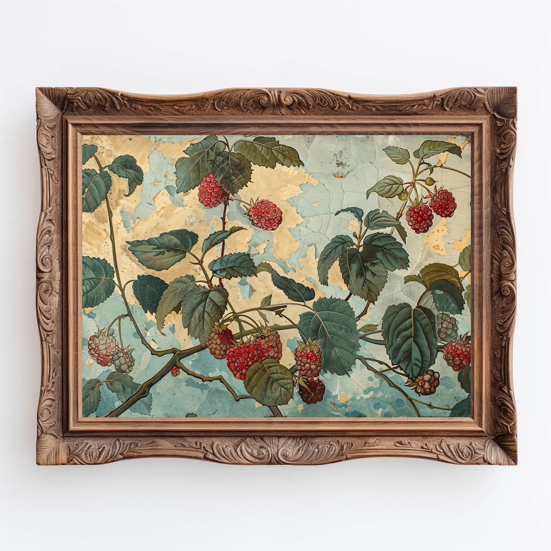 Raspberries | Eclectic Raspberry Print, Green Academia Printable Dining ...