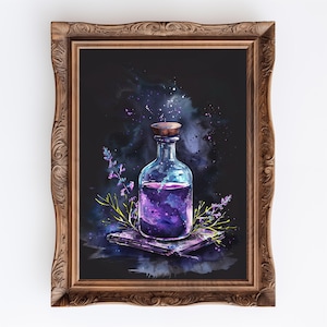 May include: A framed watercolor painting of a glass bottle filled with a purple liquid that resembles a galaxy. The bottle is sitting on a book with lavender flowers around it.