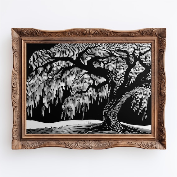 Willow Tree Linocut Print: Antique Botanical Art (digital Download