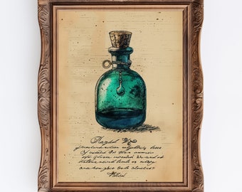 May include: A vintage-style illustration of a glass bottle with a cork stopper, filled with a blue liquid. The bottle is surrounded by text that reads "Magal formlochnicien calptorily treur forstand Iss then aumier oft loom recaled asaridad Antena neird lecule or milopy ora don gbie brede gloveless Holid".
