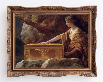 la boîte de Pandore | Impression d'art classique Dark Academia, peinture à l'huile de Pandore mythologie de la Grèce antique