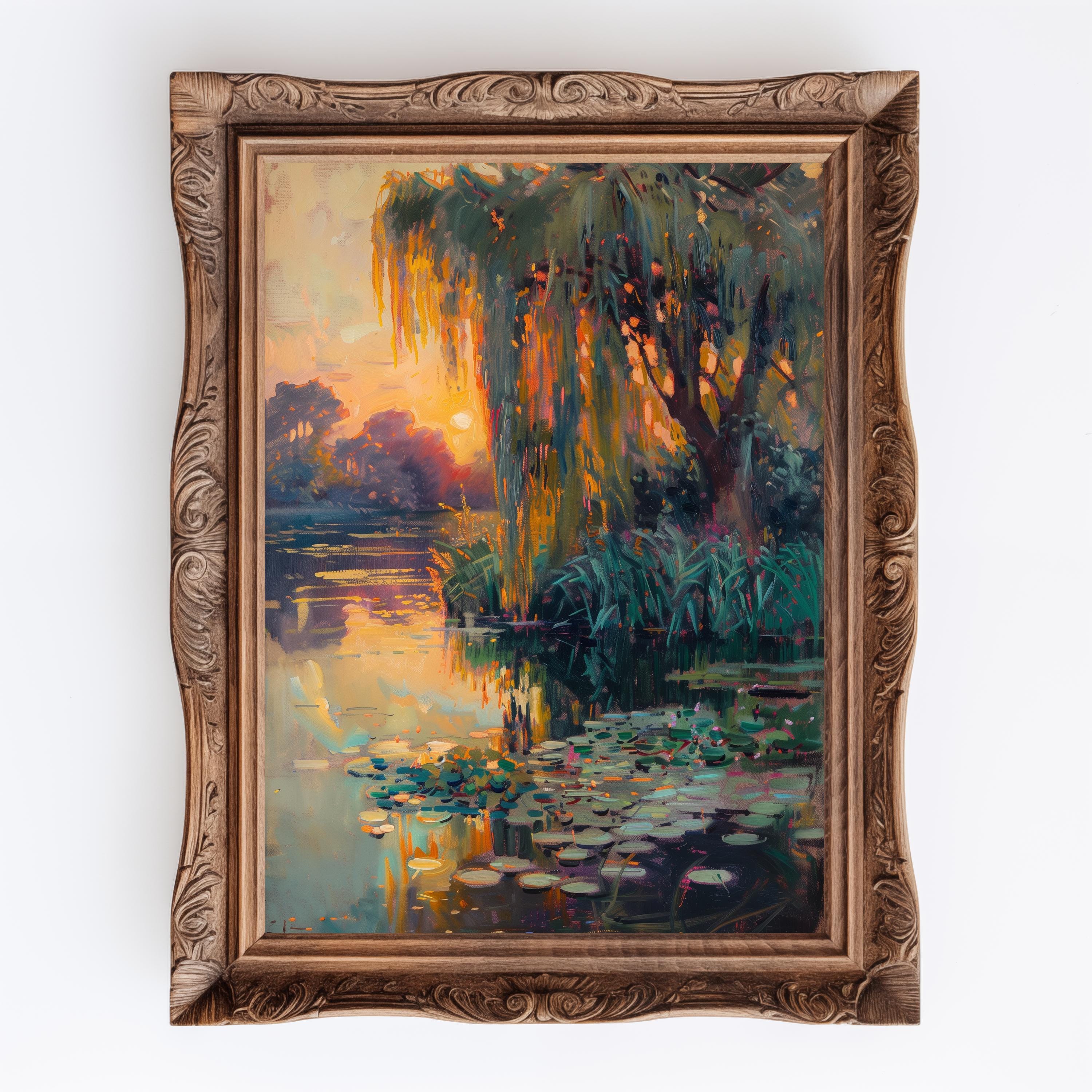 Sunset Pond | Antique Impressionist Willow Tree, Vintage Old European Countryside Wall Art