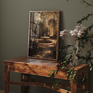 Embrace the moody wall art trend with Antique Garden, a serene representation of nature's Victorian aesthetic.