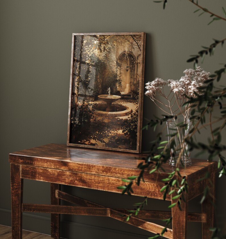 Embrace the moody wall art trend with Antique Garden, a serene representation of nature's Victorian aesthetic.