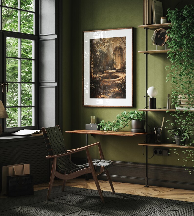 Maximalist wall art is reimagined with a Victorian touch in Antique Garden, featuring a timeless water fountain amidst floral grandeur.