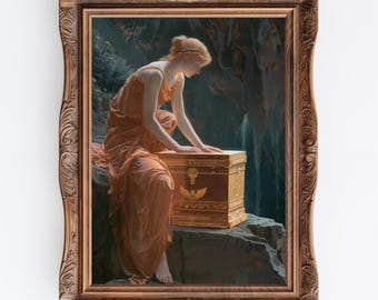 mythe de Pandore | Impression d'art classique Dark Academia, peinture à l'huile de Pandore mythologie de la Grèce antique