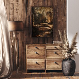 Sage green wall art finds its muse in Antique Garden, where a water fountain whispers among maximalist foliage.