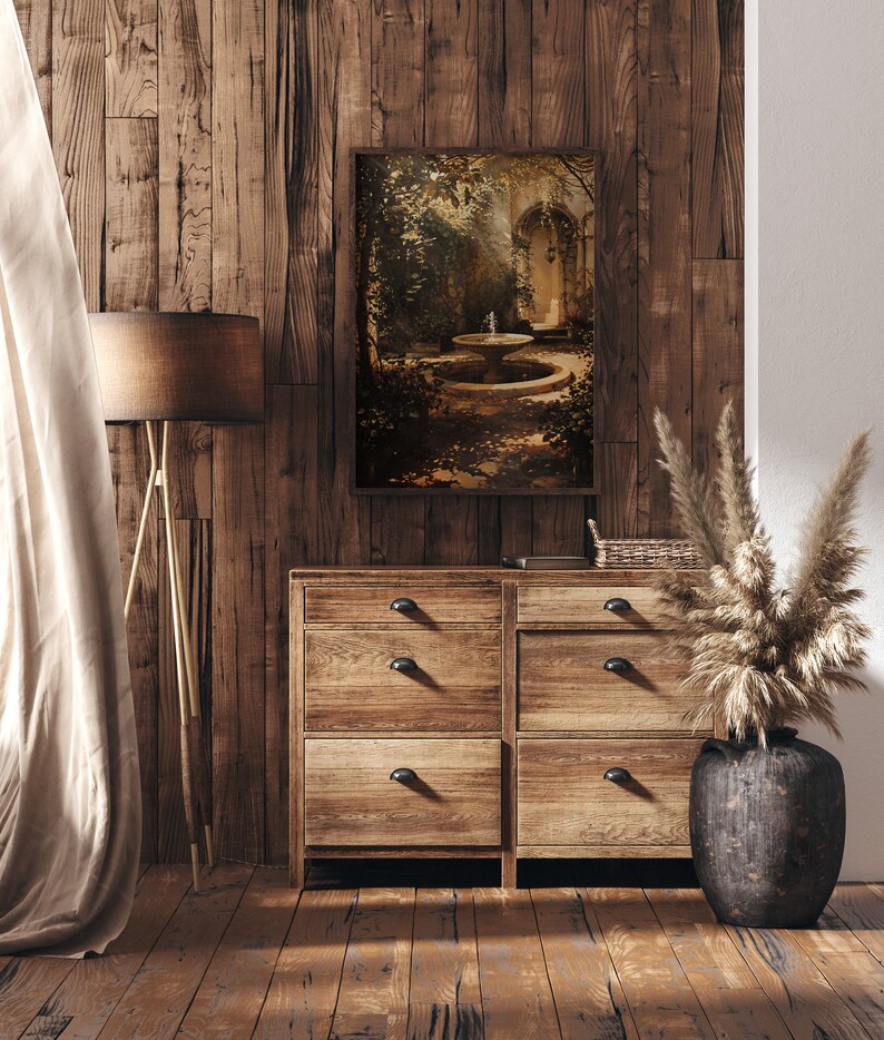 Sage green wall art finds its muse in Antique Garden, where a water fountain whispers among maximalist foliage.