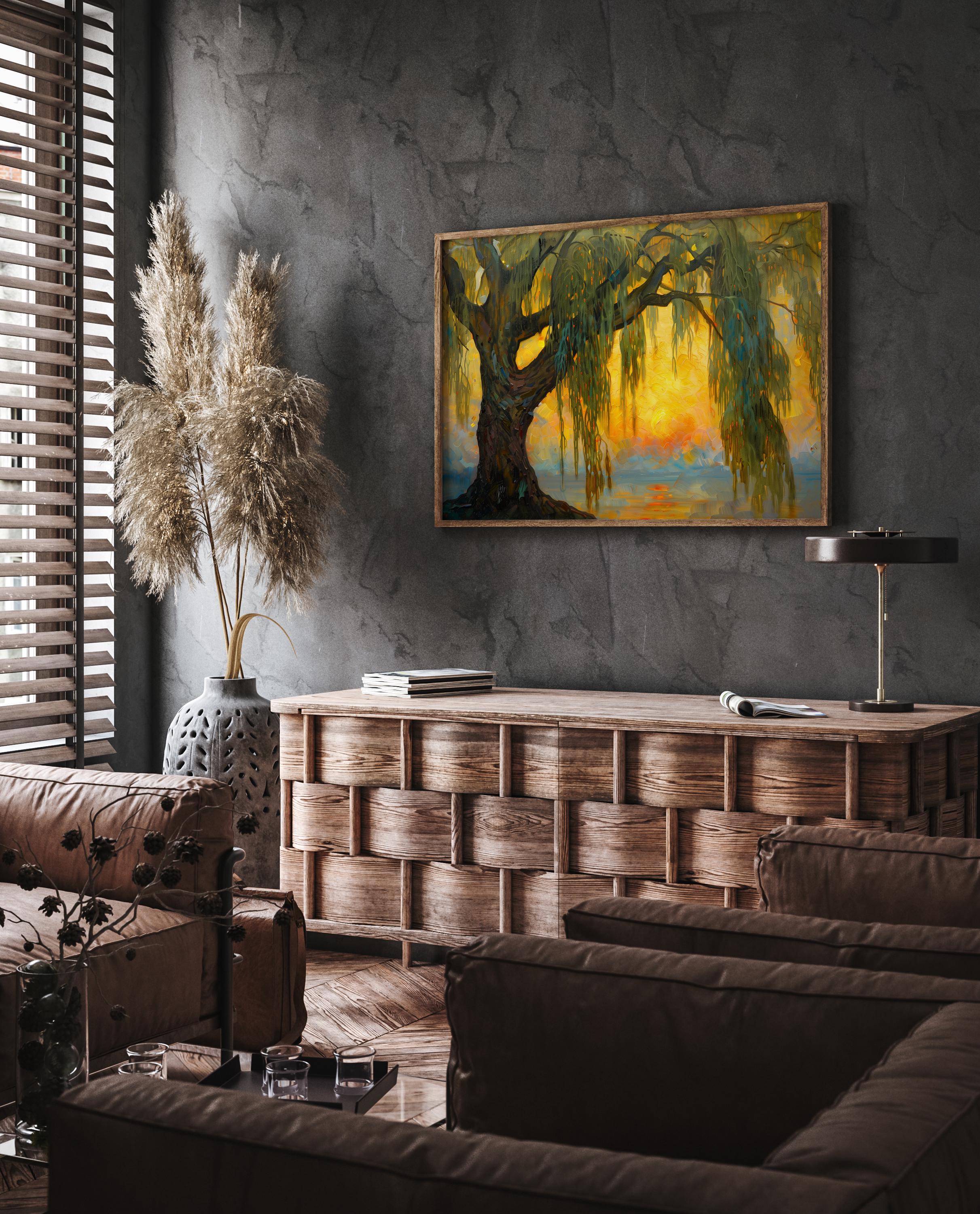Sunset Willow | Antique Impressionist Willow Tree, Old European