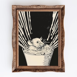 Rat in a Cup | Small Rat Linocut Print, Whimsigoth Moody Woodcut Art Print