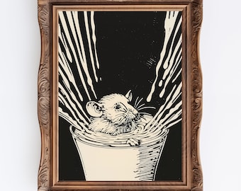 Linoleumsnitt "Råtta i en kopp": Whimsigoth Moody Art (digital nedladdning)