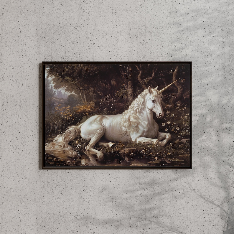 A fantasy poster that tells a timeless tale, this unicorn art is a whimsical addition to any contemporary fairycore collection.