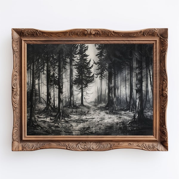 Dark Forest | Dark Academia Mody Wall Art, Dark Aesthetic Forest Sketch, Vintage Drawing
