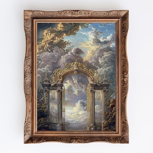 Heaven&#39;s Door | Gates of Heaven Digital Art, Maximalist Aesthetic White Clouds Room Decor