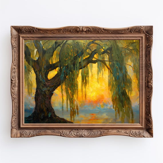 エルテ Erte「Willow Tree」シルクスクリーン 10号大 サイン Sunset Willow | Antique Impressionist Willow Tree, Old European