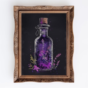 May include: A framed illustration of a glass bottle filled with a purple liquid and lavender flowers. The bottle has a cork stopper and is surrounded by a floral design.