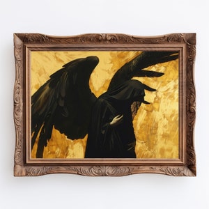 Black Angel | Dark Academia Witchy Wall Art Print, Mystic Goth Fallen Angel Decor