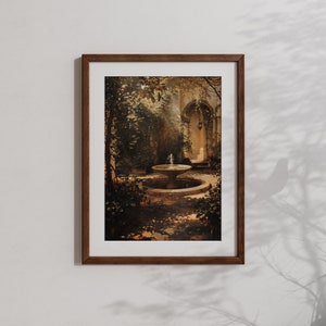 A garden fountain serenades antique flowers in this moody wall art piece, Antique Garden, a sanctuary of Victorian splendor.