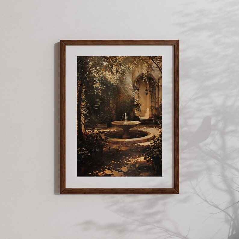 A garden fountain serenades antique flowers in this moody wall art piece, Antique Garden, a sanctuary of Victorian splendor.