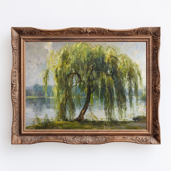 Lone Willow | Impressionist Painting of a Willow Tree, Nature Antique Tree Decor, Green Academia Wall Art