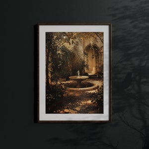This maximalist wall art captures a water fountain's charm, wrapped in the romance of a Victorian antique garden.
