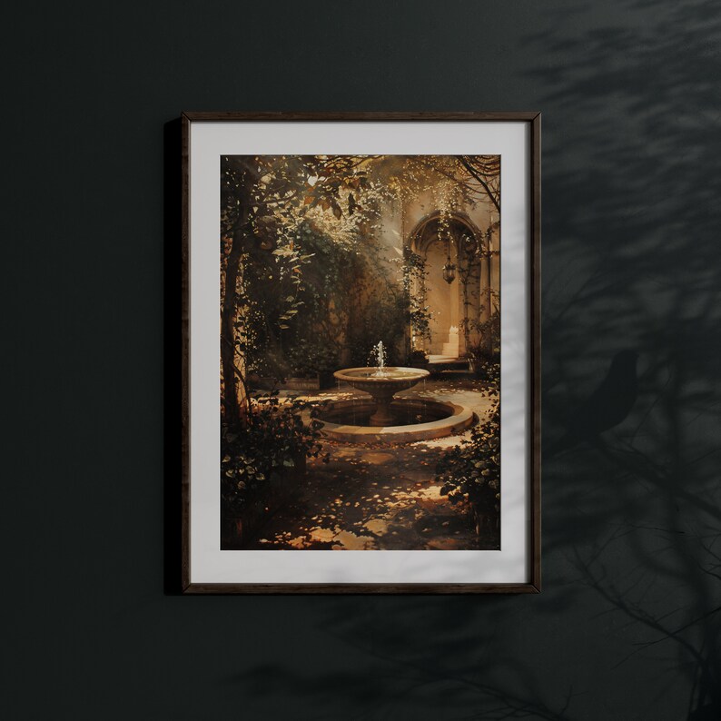 This maximalist wall art captures a water fountain's charm, wrapped in the romance of a Victorian antique garden.