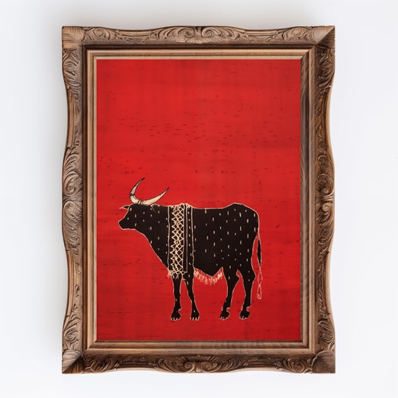 Cow | Black Bull, Western Minimalist Wall Art, Trending Now Moden Spanish Patchwork Decor