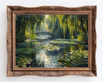 River | Green Academia Lake House Decor, Large Impressionist Scenic River Landscape Wall Art