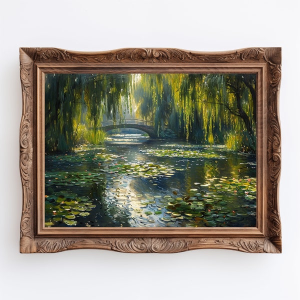 River | Green Academia Lake House Decor, Large Impressionist Scenic River Landscape Wall Art