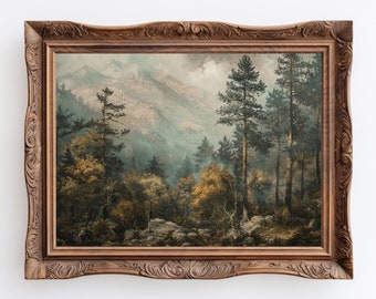 Mountain Landscape Print: Vintage Forest Cabin Decor (Digital Download)