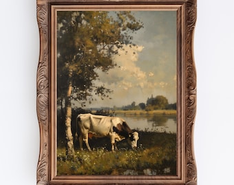 放牧牛 | ヴィンテージコテージコア牛絵画プリント、素朴な田舎の風景