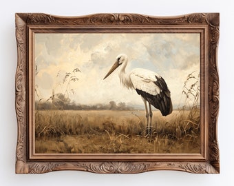 Stork | Vintage Stork Nursery Painting, Dark Cottagecore Landscape Ornament, Light Academia Wall Art