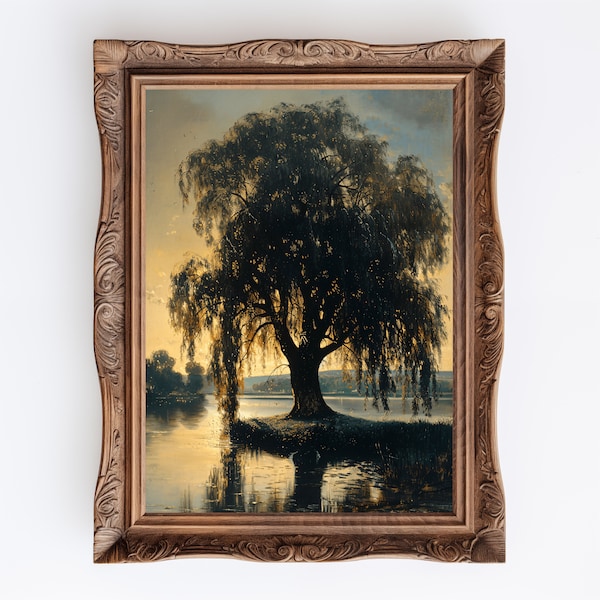 Weeping Willow | Moody Landscape Painting, Green Academia Willow Tree Decor Print