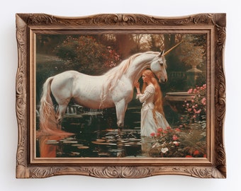 Girl with Unicorn | Printable Dark Vintage Oil Painting, Water Nymph with Silver Unicorn