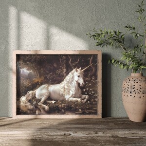 This unicorn artwork captures the mystical beauty of fantasy creatures, a perfect fit for dark, dreamy interiors.