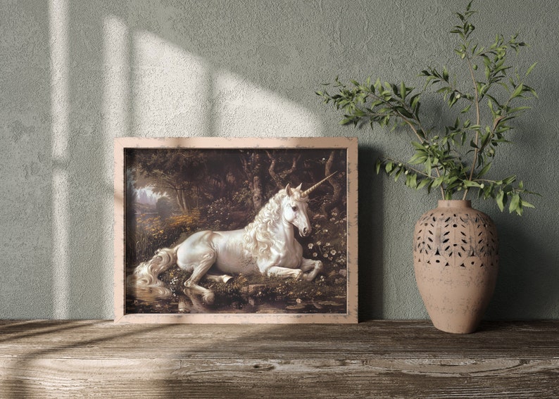 This unicorn artwork captures the mystical beauty of fantasy creatures, a perfect fit for dark, dreamy interiors.