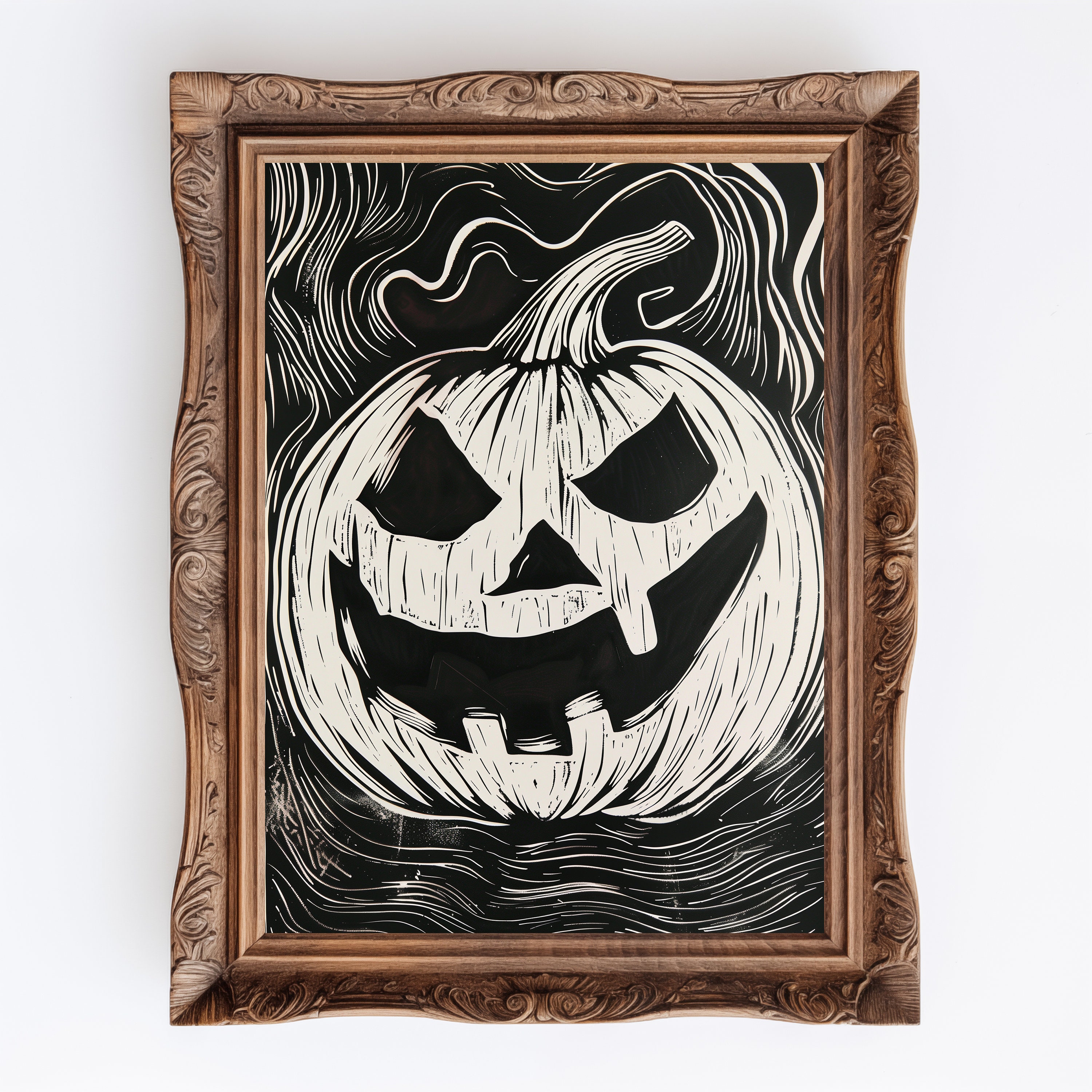 Vintage Jack-o'-lantern Linocut Print: Dark Halloween Decor
