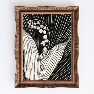Lily Linograbado / Herbario Lirio del Valle Arte Linograbado, Coqueta Habitación Decoración Cartel Floral